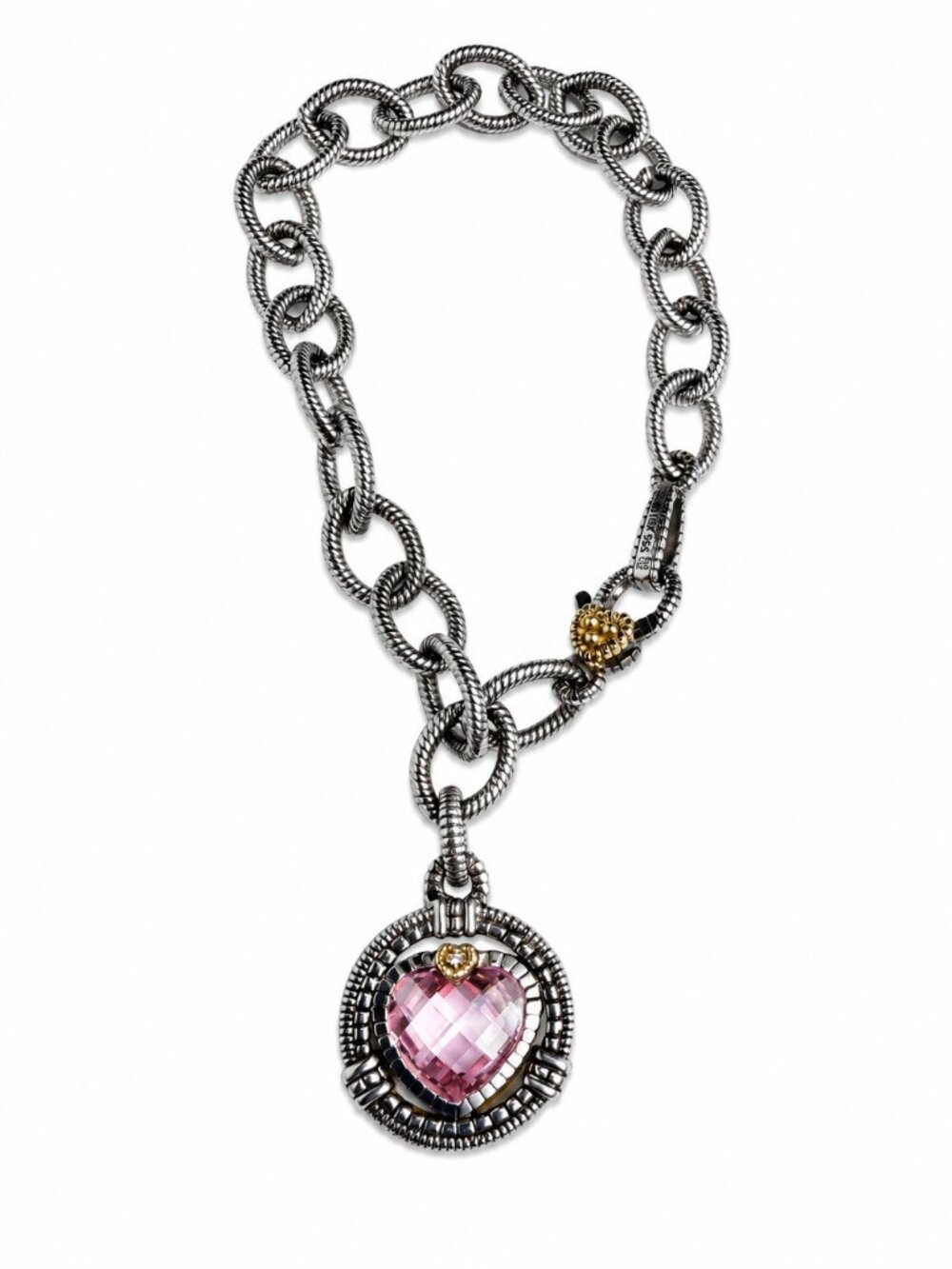 Judith Ripka Athena Heart Charm Bracelet Sterling Silver 18K Gold Pink Crystal